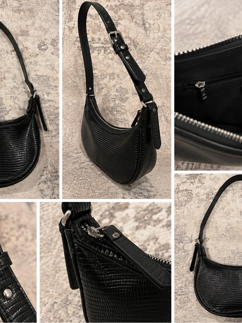 Missguided Black Croc-Embossed Shoulder Bag | Y2K Mini Crossbody